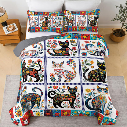 Glänzendes 3-teiliges Quilt-Set für alle Jahreszeiten – Folk Art Feline Quilt