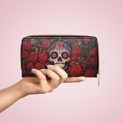 Shineful Leather Clutch Purse With Wristlet Strap Handle Roses & Sugar Skull Elegance