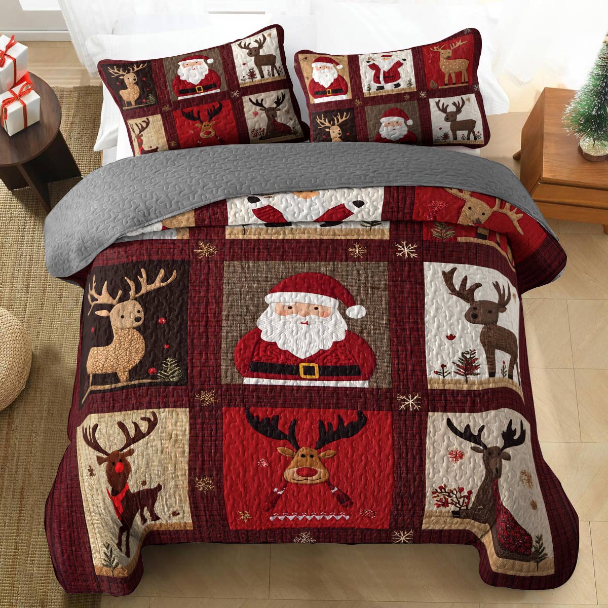 Shineful All Season Quilt 3-Piece Set - Cozy Santa & Reindeer