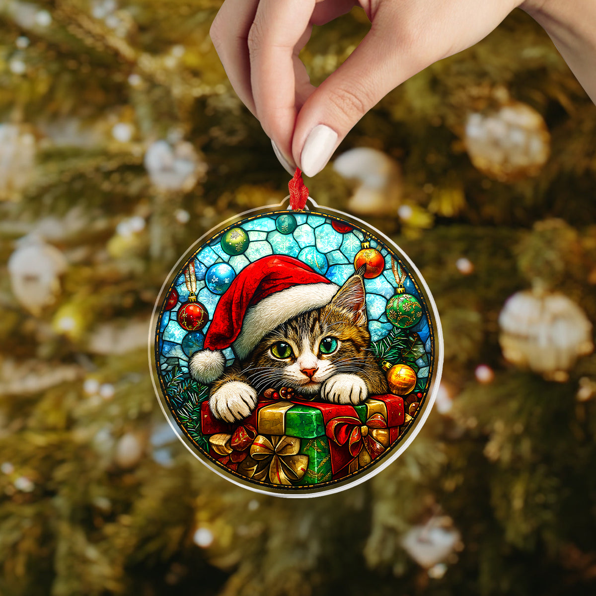 Shineful 2D Acrylic Ornament Cute Cat With Christmas Surprise