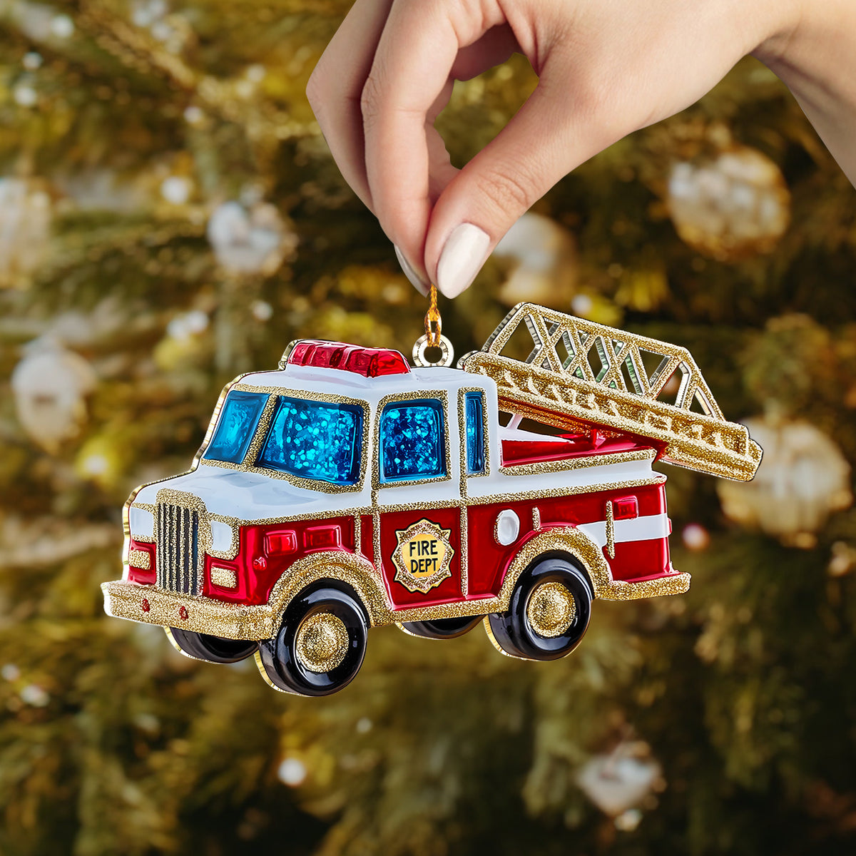 Shineful 2D Acrylic Ornament - Glittered Fire Truck Christmas