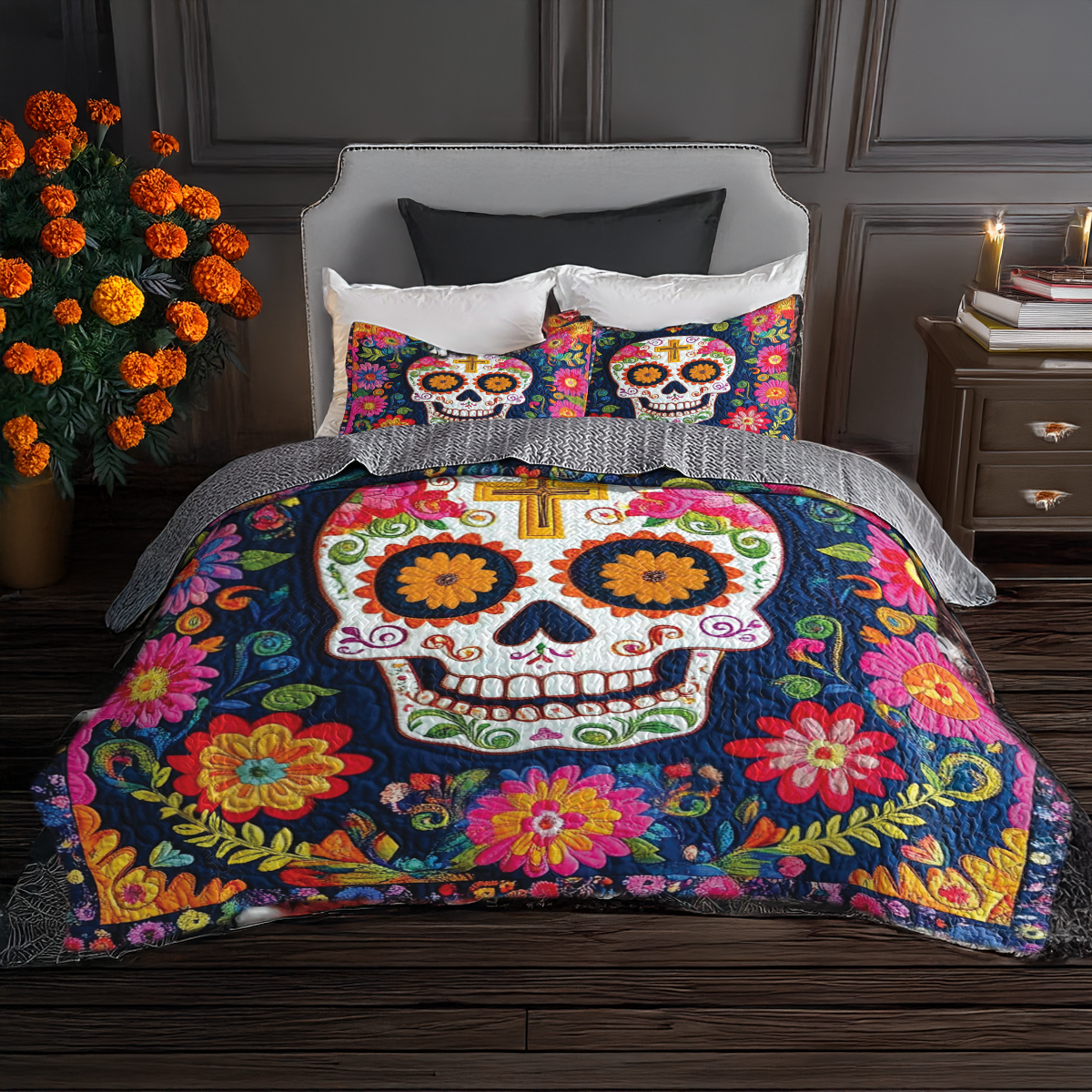 Shineful All Season Quilt 3-Piece Set Vibrant Floral Skull