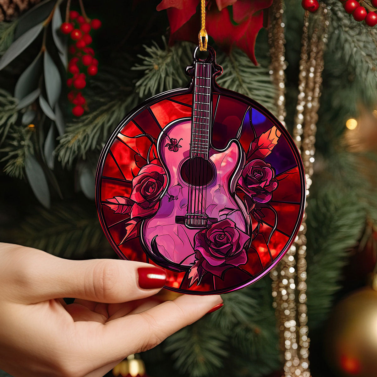 Shineful 2D Acrylic Ornament - Stained Glass Rose Guitar