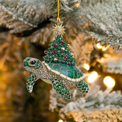 Glänzendes Acryl-Ornament „Verzauberte Schildkröte mit festlichem Baum“ 