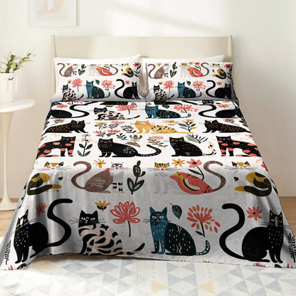 Shineful 4-Piece Bed Sheet Set Botanical Cat Bliss