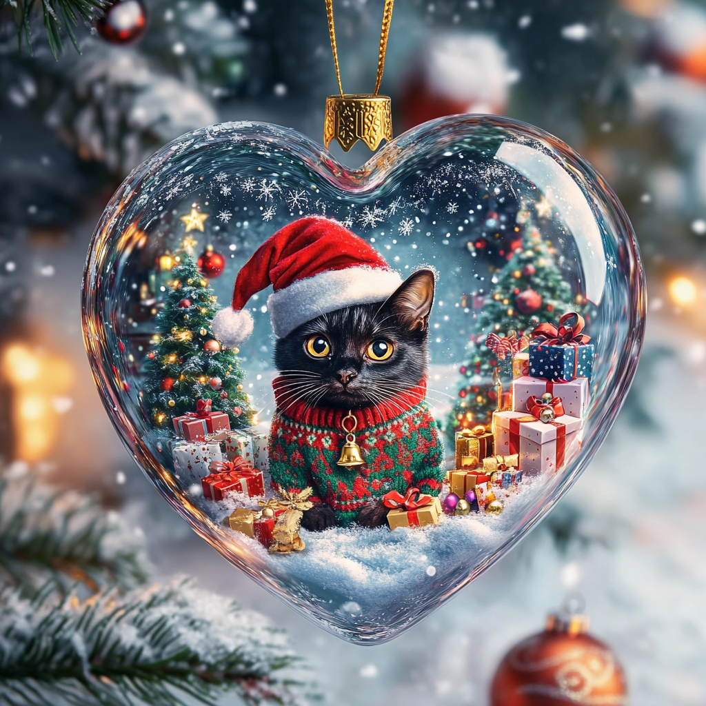 Ornement acrylique 2D brillant personnalisé Merry Catmas Heart