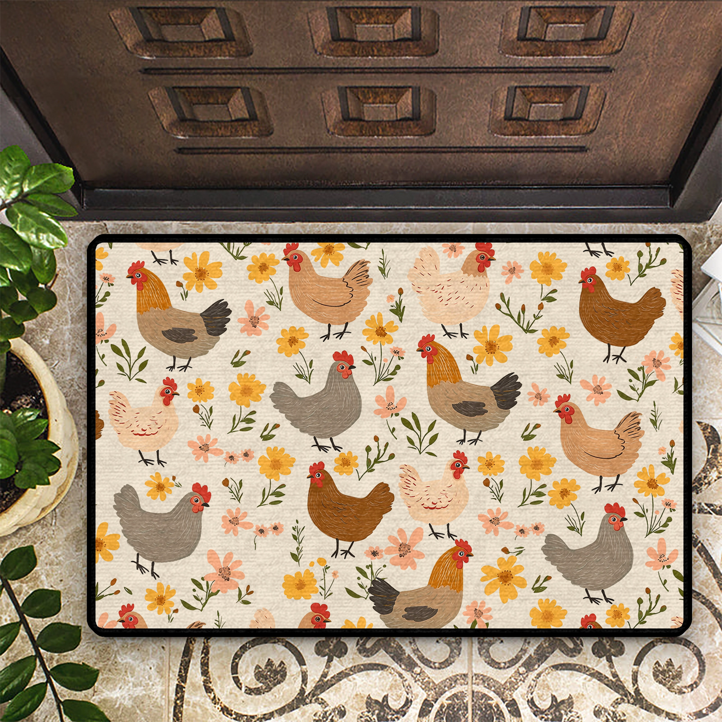 Shineful Ultra-Thin Non Skid Floor Mat, Kitchen Rugs Chicken Floral Cluckin' Cozy