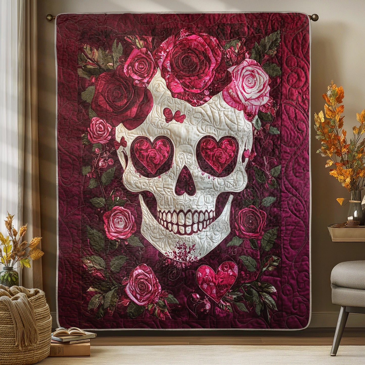 Shineful Flat Print Faux Quilt Blanket - Romantic Skull with Roses and Heartfelt Elegance