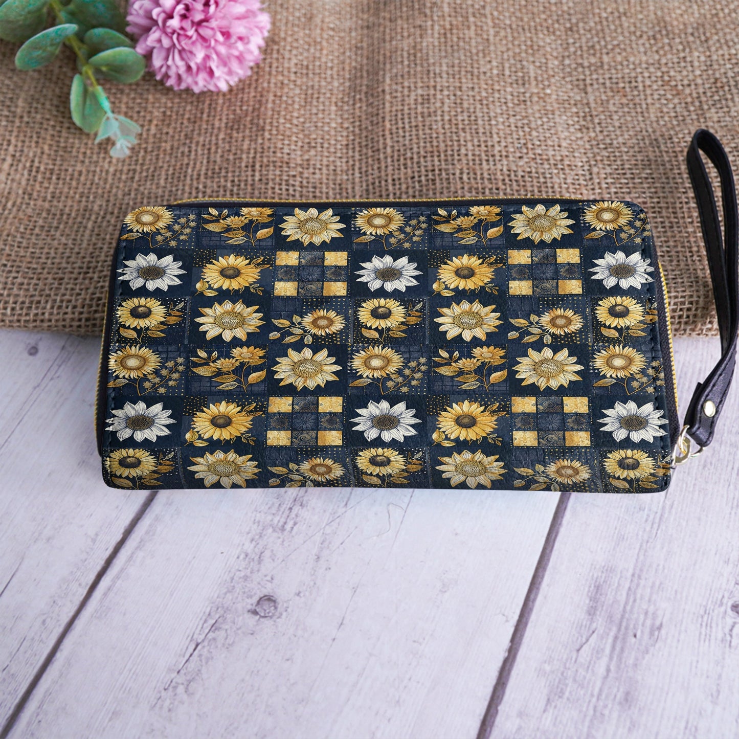 Shineful Leather Clutch Purse With Wristlet Strap Handle Inelegance Sunflowers