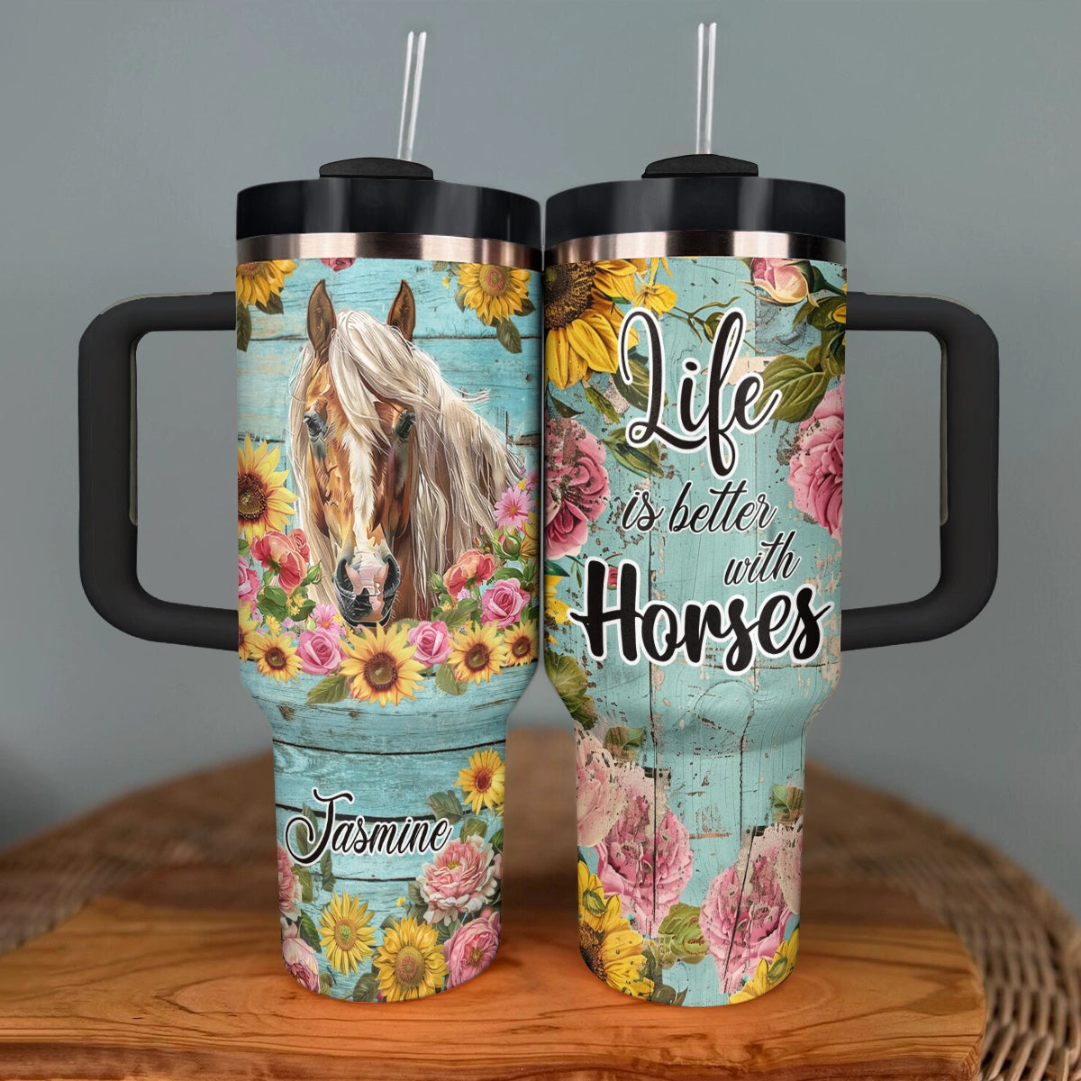 Gobelet Shineful personnalisé motif floral harmonieux de chevaux