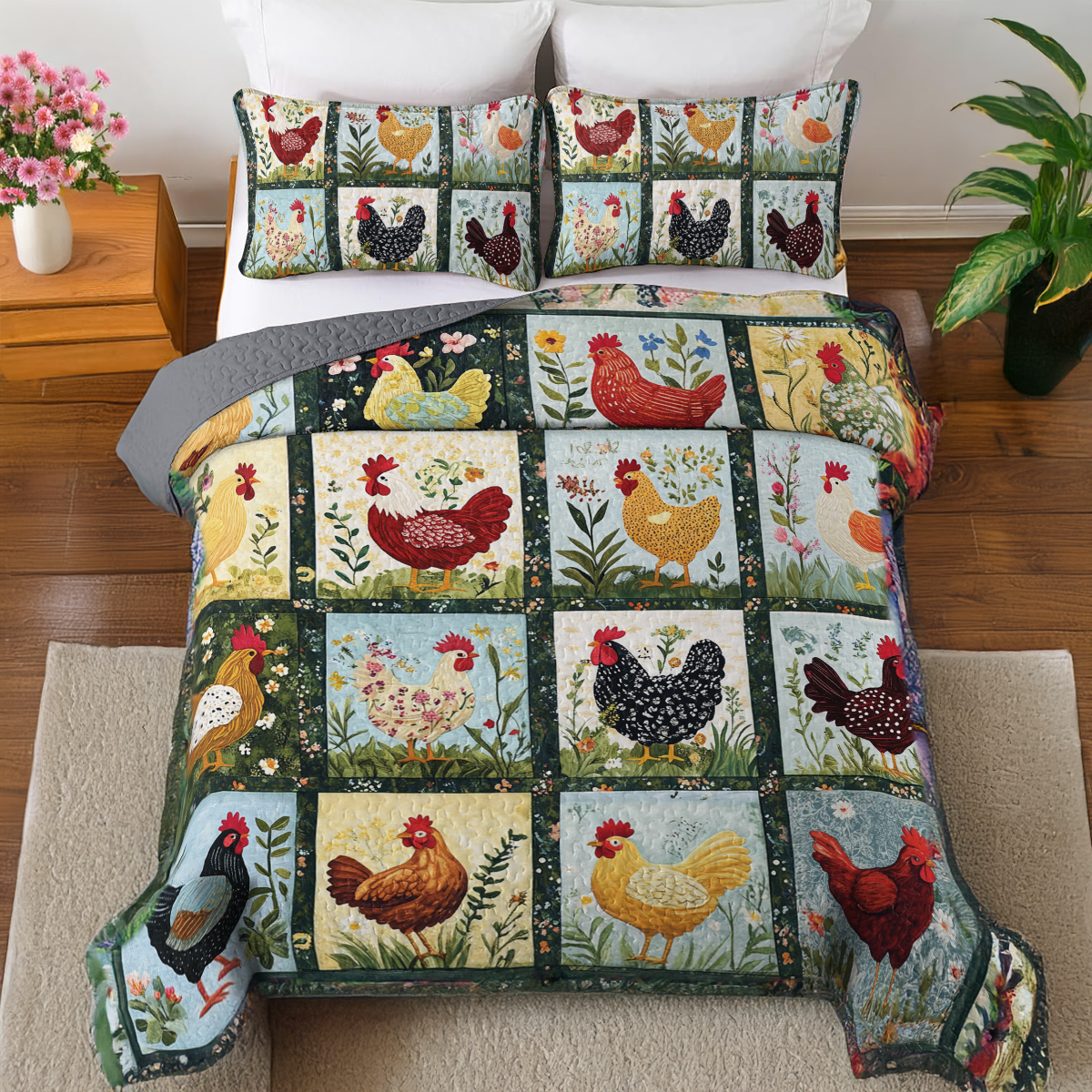 Ensemble de courtepointe toutes saisons Shineful 3 pièces Charmant patchwork de poulets