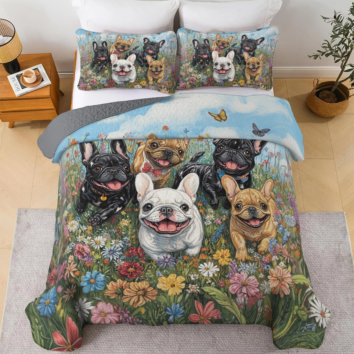 Ensemble de courtepointe toutes saisons Shineful 3 pièces - Happy Frenchie Garden 