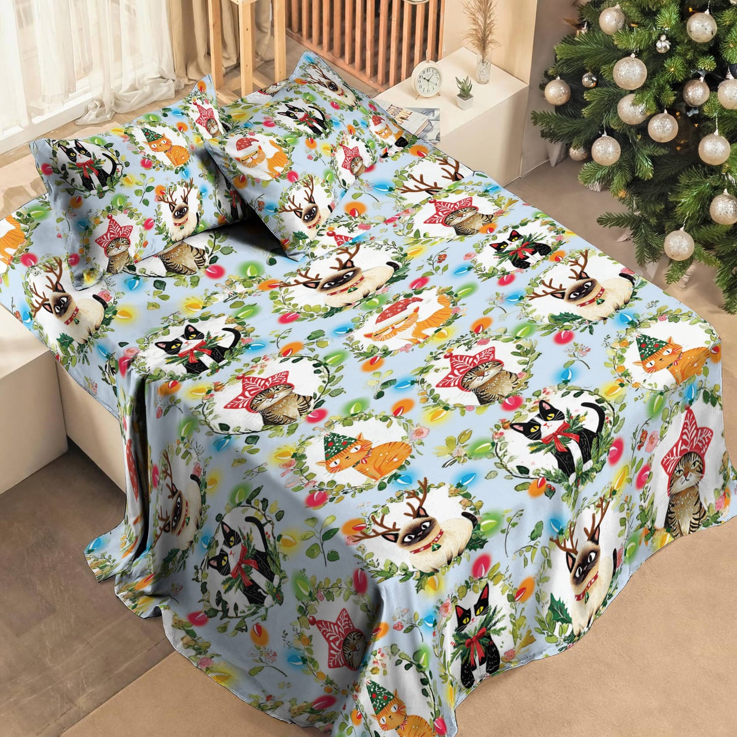 Shineful 4-Piece Bed Sheet Set Cat Christmas Collection