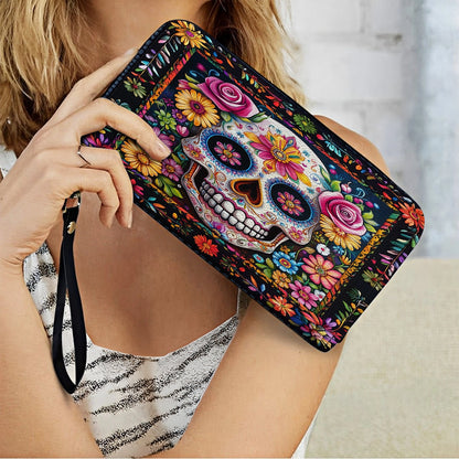 Shineful Leather Clutch Purse With Wristlet Strap Handle Calavera Floral Dreams