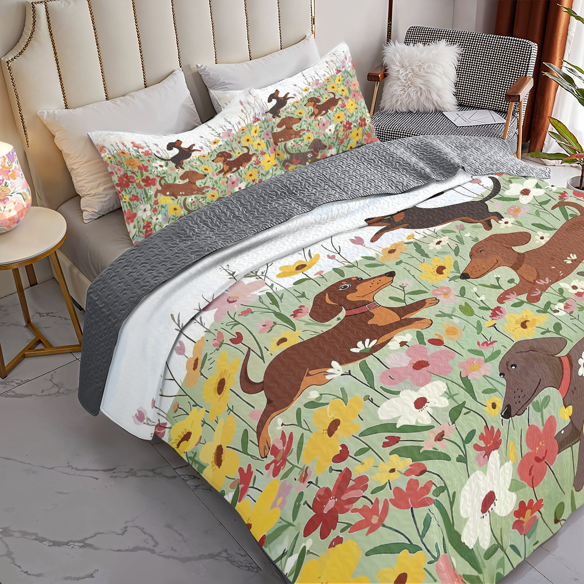 Shineful All Season Quilt 3-teiliges Set mit Dackel im Blumengarten 