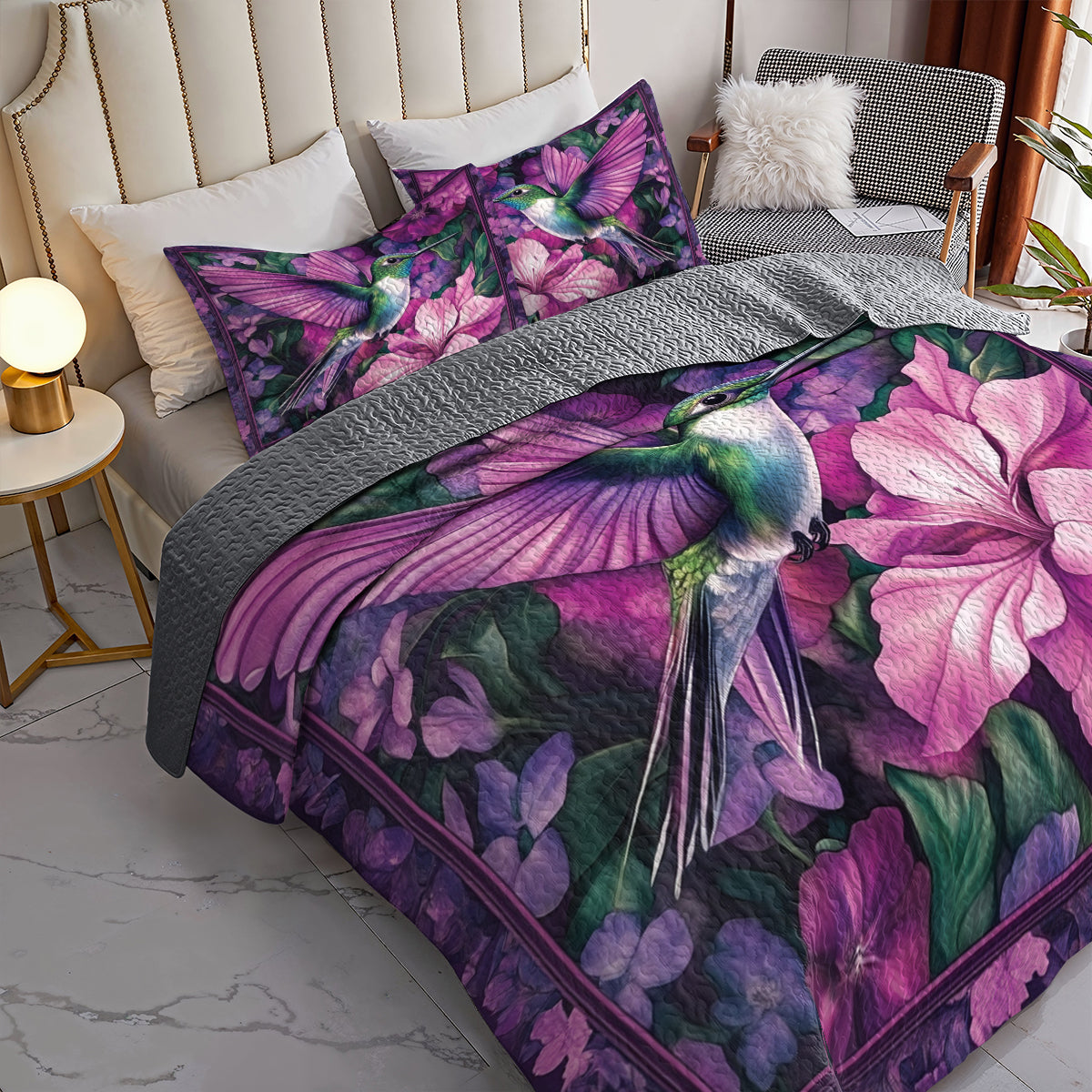 Shineful All Season Quilt 3-Piece Set Purple Hummingbird & Floral