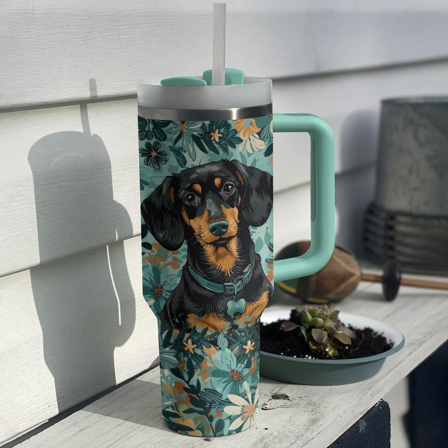 Shineful Tumbler Dachshund Delight: Floral Charm