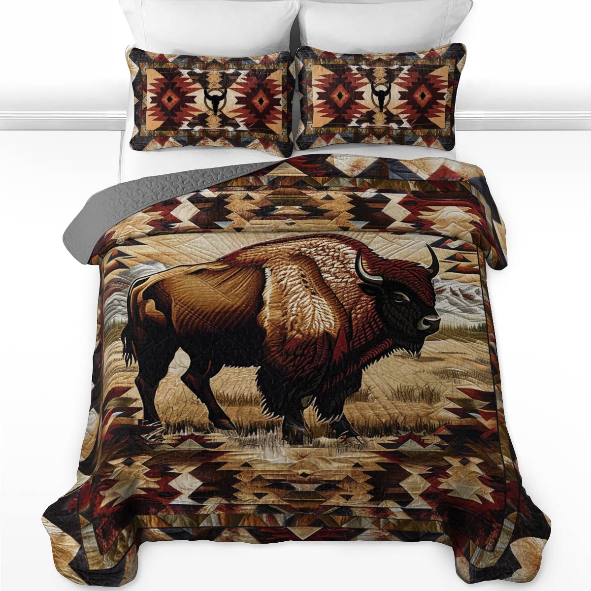 Shineful All Season Quilt 3-Piece Set Native American Bison