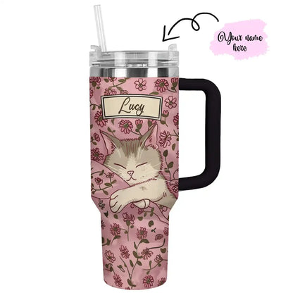 Shiny personalisierter Becher mit Blumenmotiv, schlafende Katze