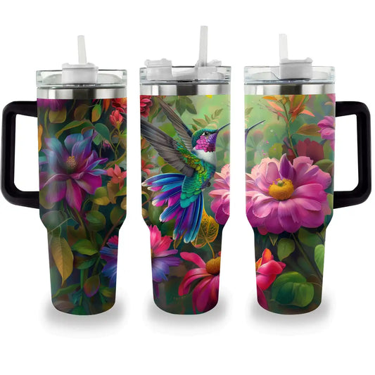 Glänzender Becher mit Blumenmotiv, Kolibri, Ver2