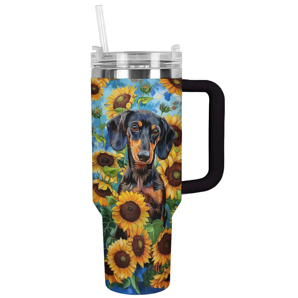 Glänzender Becher Dackel mit Sonnenblumen