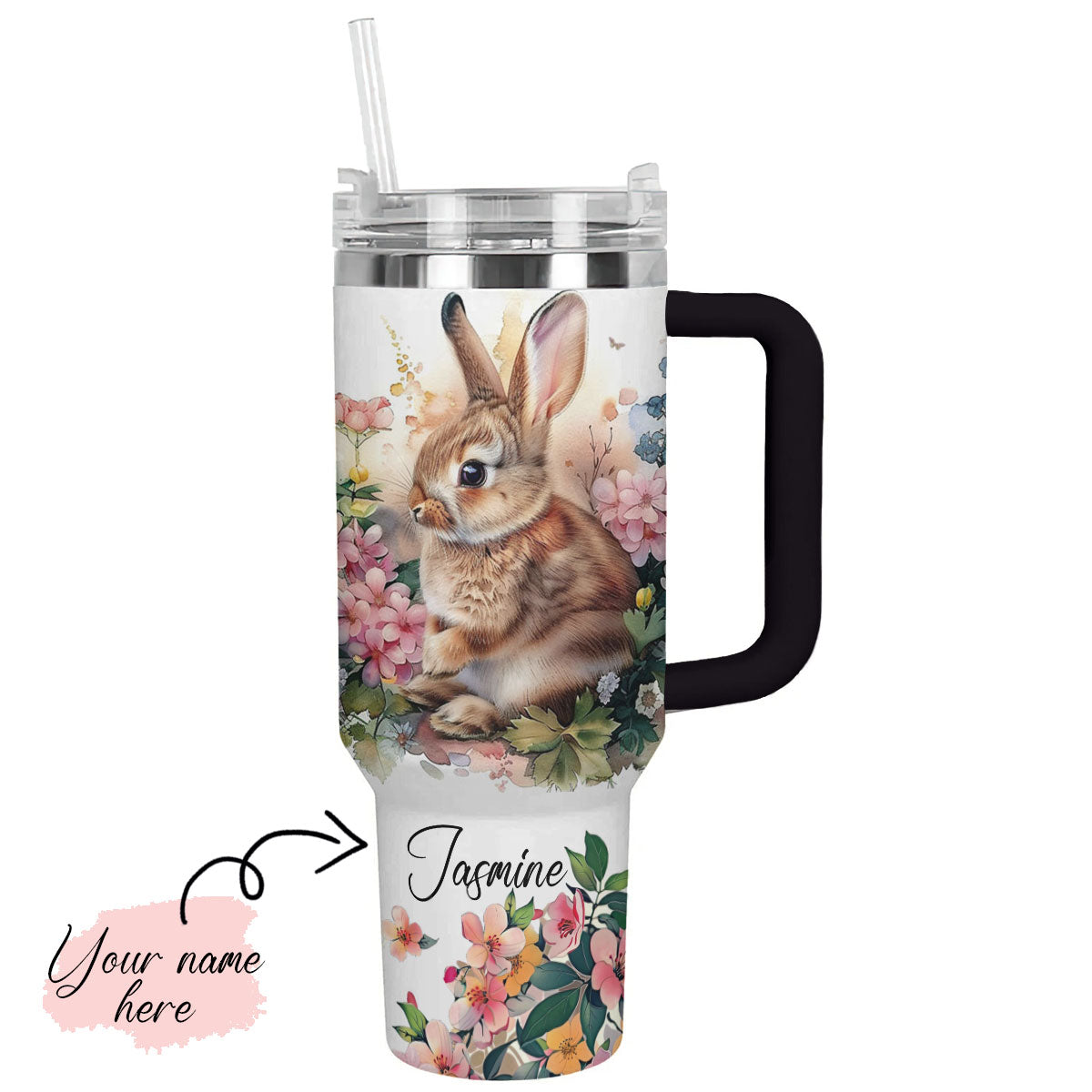 Glänzender personalisierter Becher mit Blumen-Kaninchen