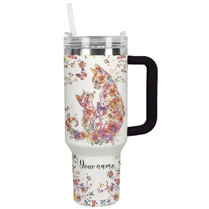 Glänzender Becher mit Blumenmotiv, Katzenmotiv