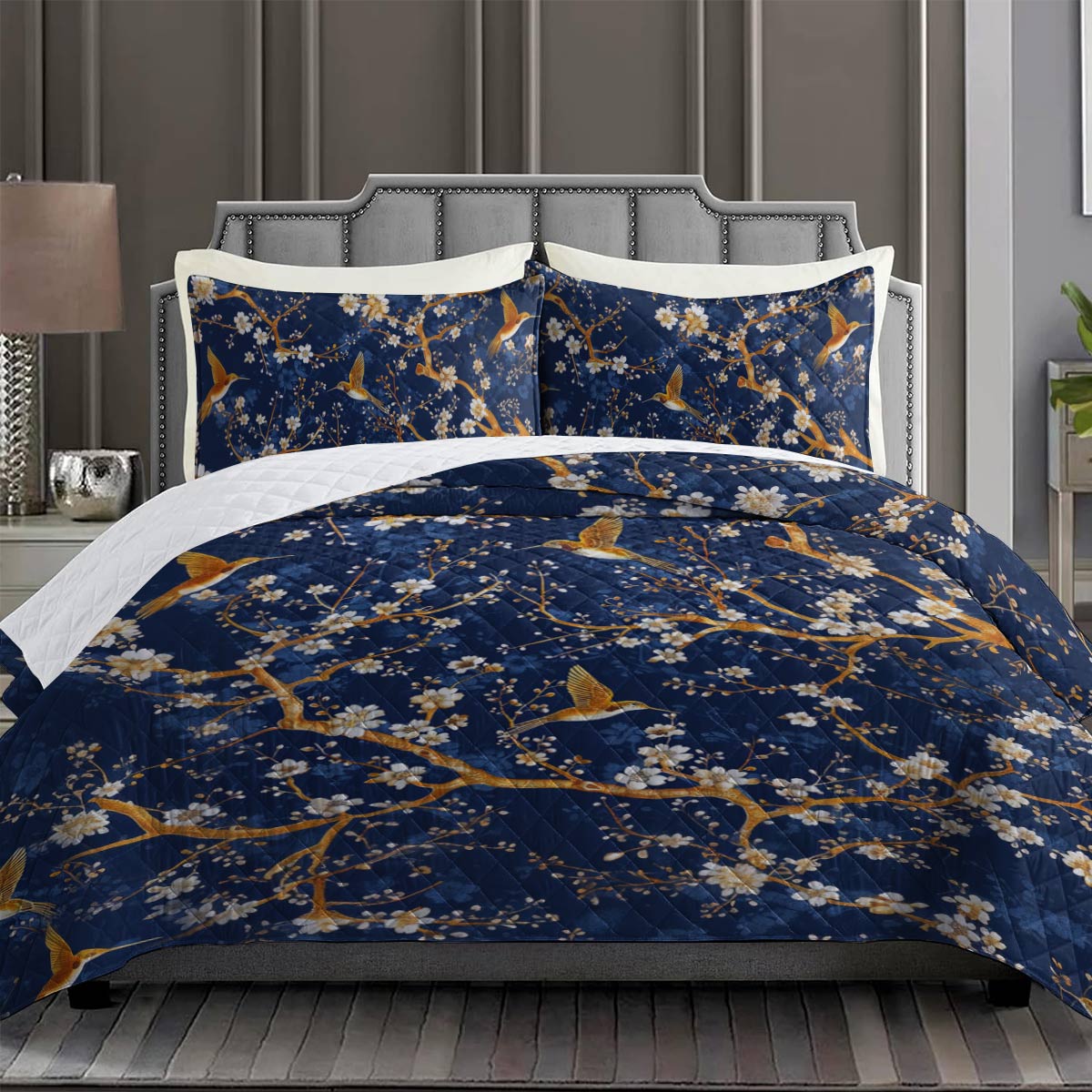 Shineful Quilt 3-Piece Set Golden Hummingbird