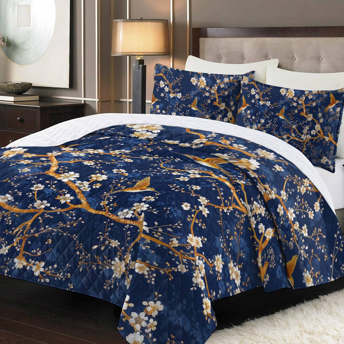 Shineful Quilt 3-Piece Set Golden Hummingbird