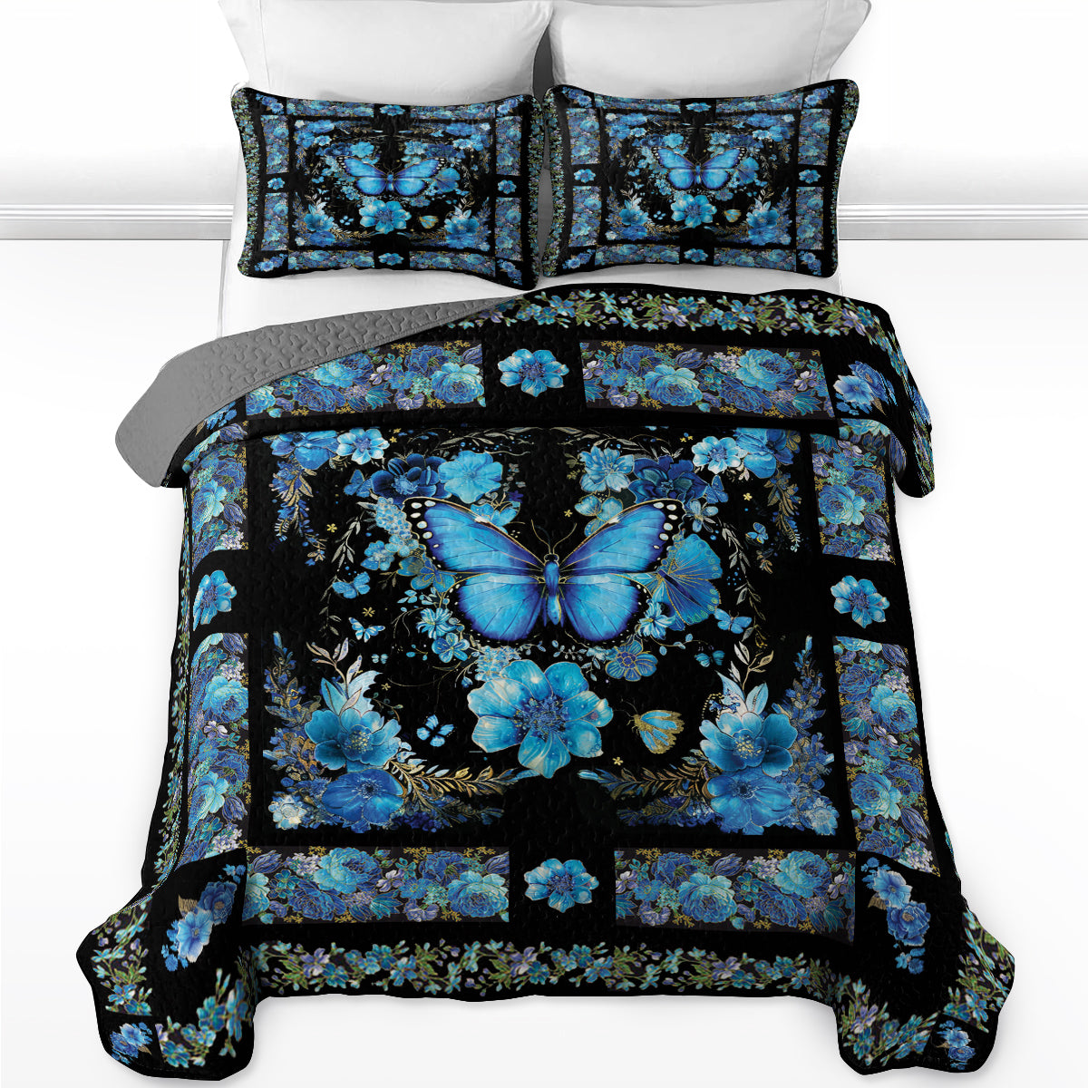 Shineful All Season Quilt 3-Piece Set Mystical Blue Butterfly Bloom