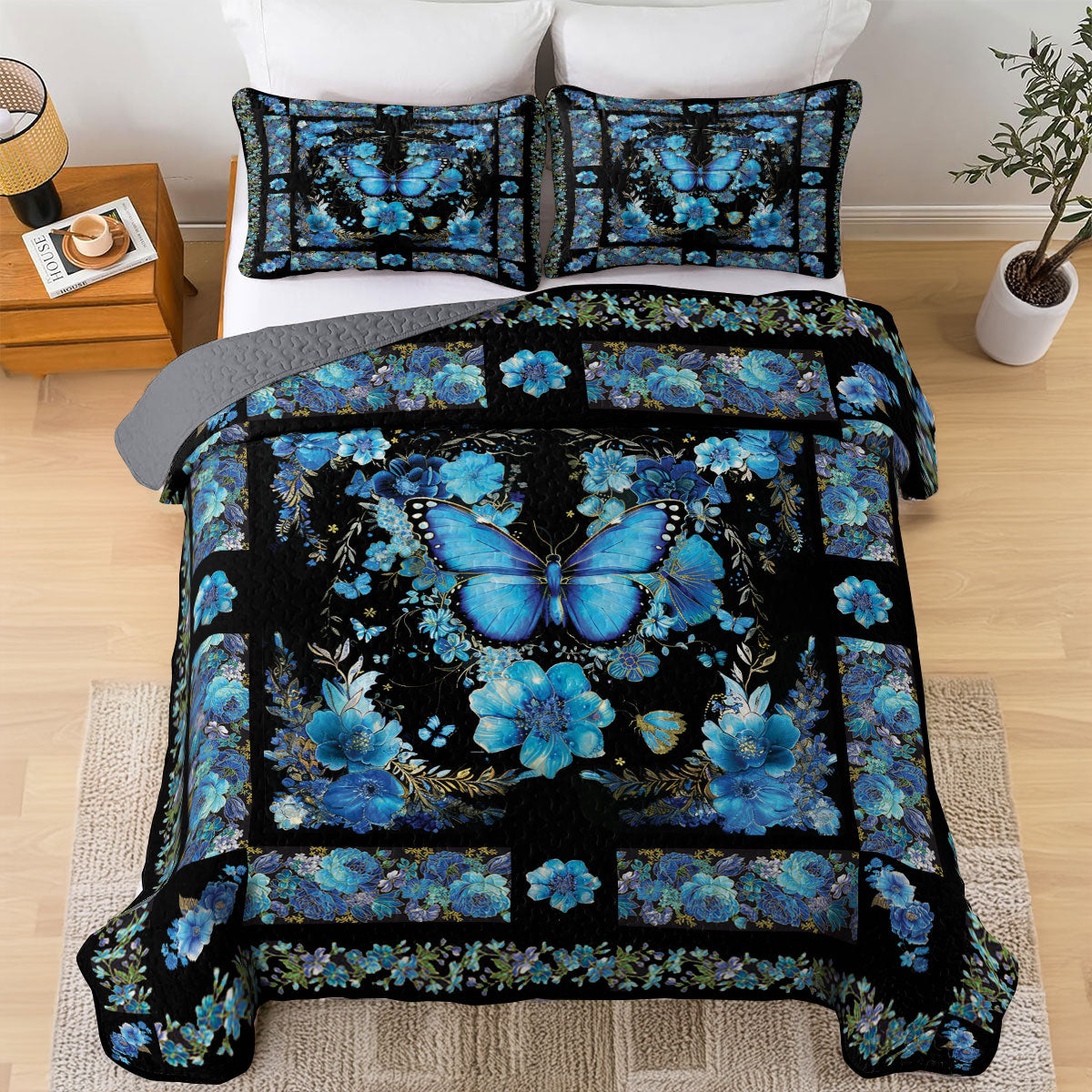 Shineful All Season Quilt 3-Piece Set Mystical Blue Butterfly Bloom