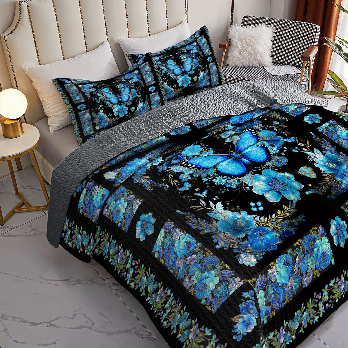 Shineful All Season Quilt 3-Piece Set Mystical Blue Butterfly Bloom