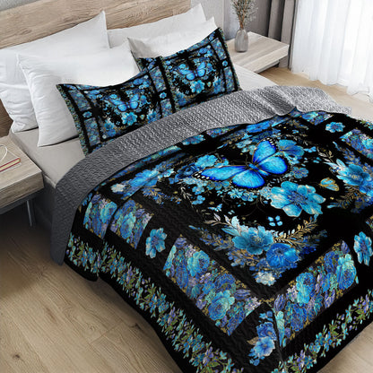 Shineful All Season Quilt 3-Piece Set Mystical Blue Butterfly Bloom