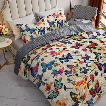 Shineful All Season Quilt 3-Piece Set Splendid Butterfly Flowers Lovely