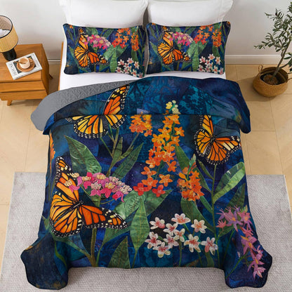 Shineful All Season Quilt 3-Piece Set Monarch Butterflies And Milkweed Plant