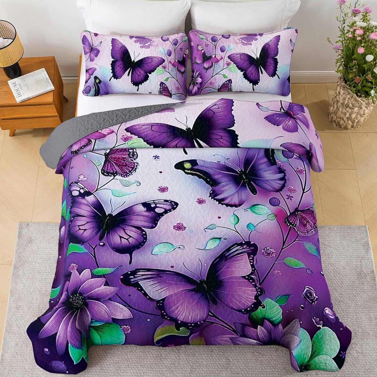 Shineful All Season Quilt 3-Piece Set Gorgeous Purple Butterflies