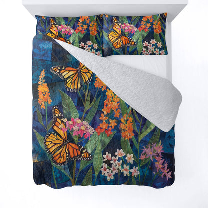 Shineful All Season Quilt 3-Piece Set Monarch Butterflies And Milkweed Plant