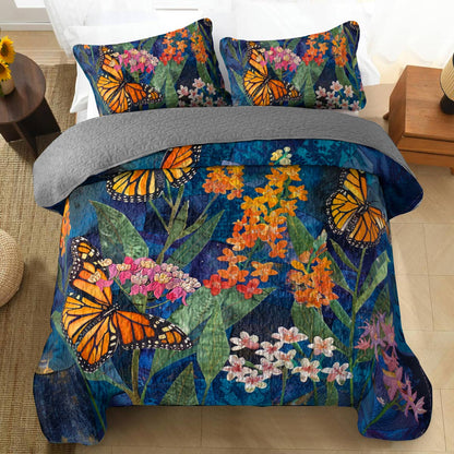 Shineful All Season Quilt 3-Piece Set Monarch Butterflies And Milkweed Plant