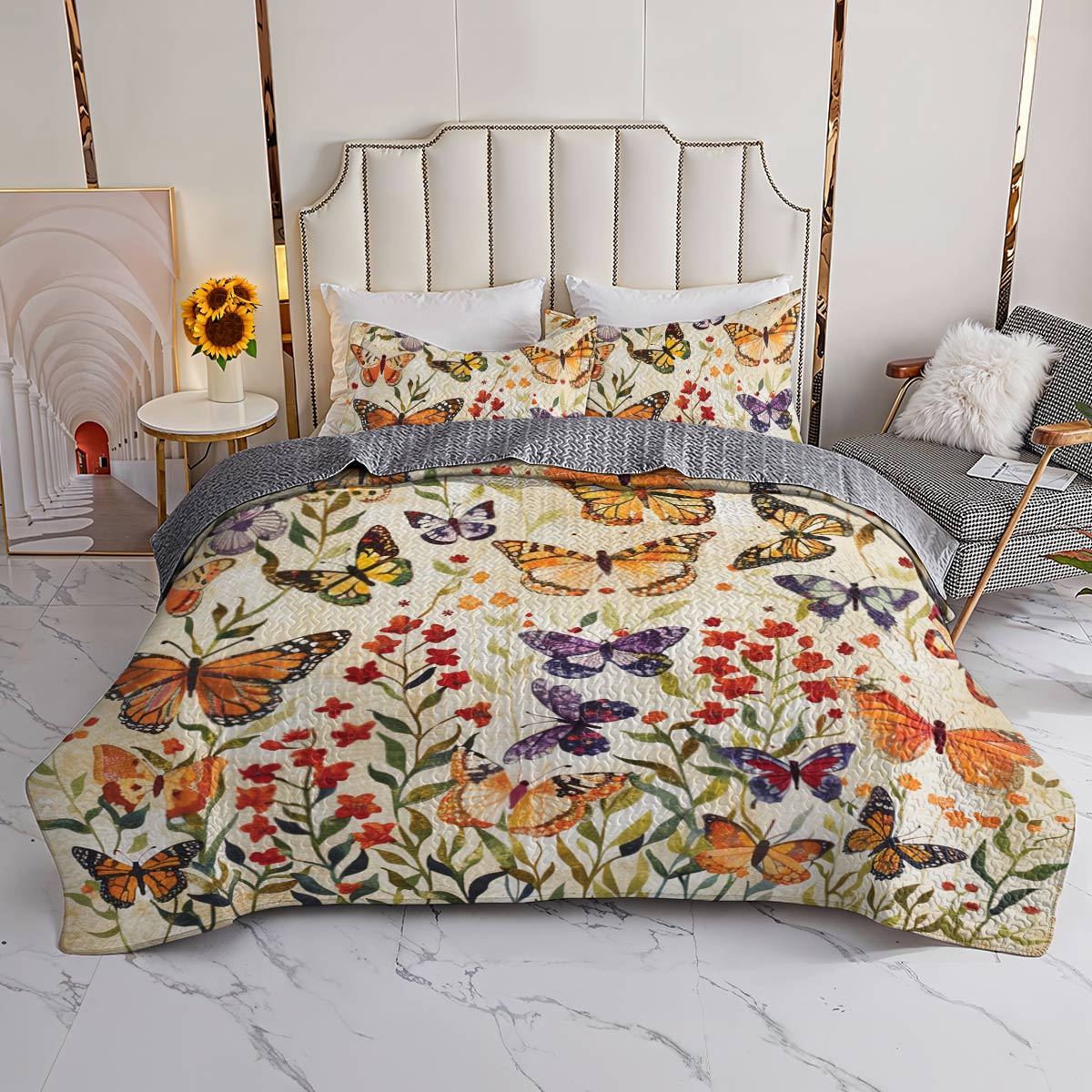 Shineful All Season Quilt 3-Piece Set Butterfly Flowers Lovely