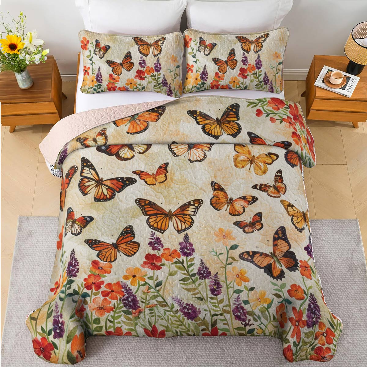 Shineful All Season Quilt 3-Piece Set Charming Butterfly Garden