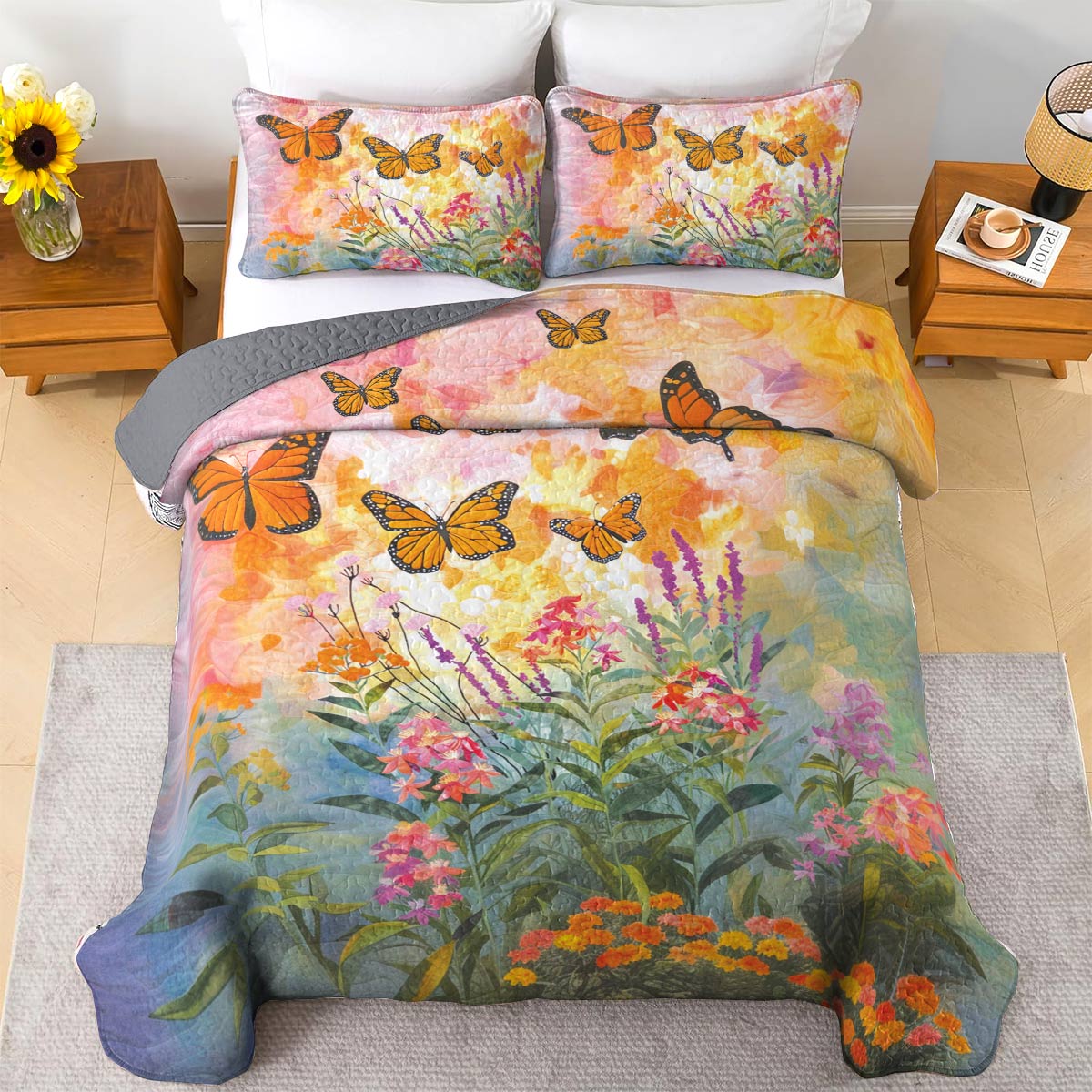 Shineful All Season Quilt 3-Piece Set Sunshine Butterflies In Flowers Garden