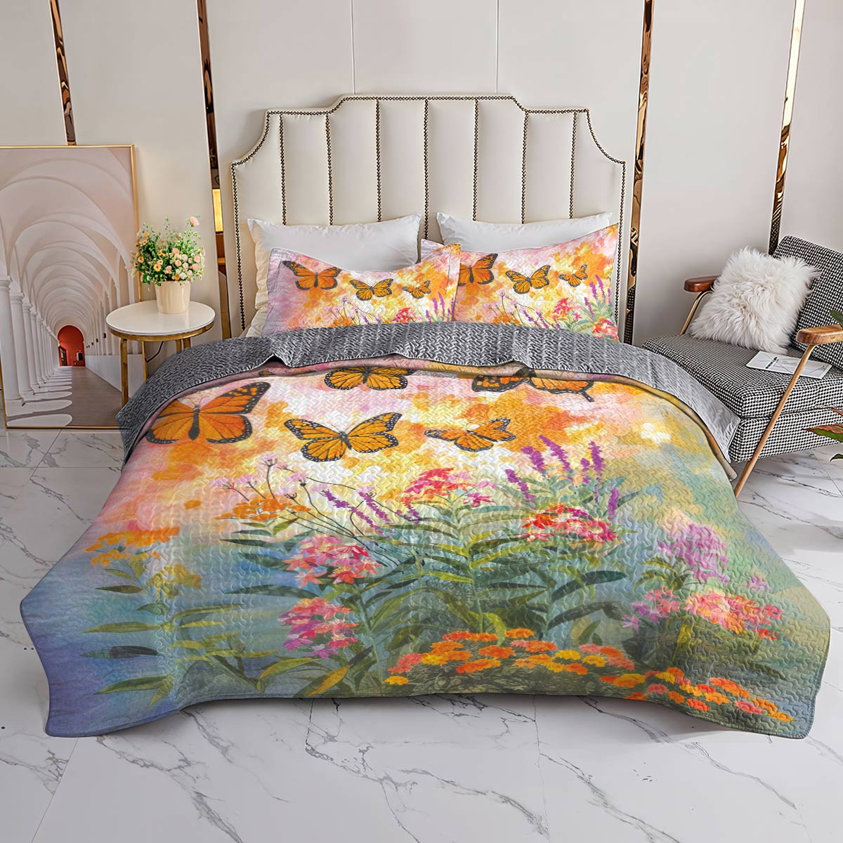 Shineful All Season Quilt 3-Piece Set Sunshine Butterflies In Flowers Garden