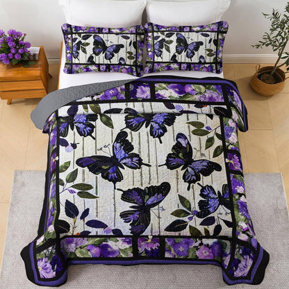 Shineful All Season Quilt 3-Piece Set Delicate Purple Butterfly Flowers