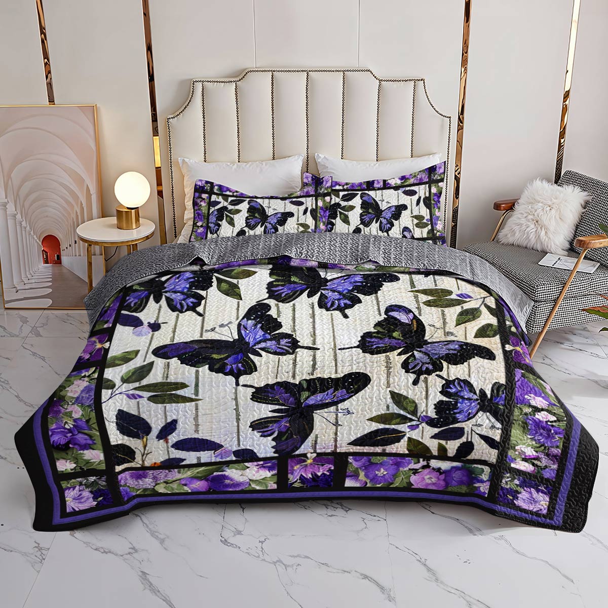 Shineful All Season Quilt 3-Piece Set Delicate Purple Butterfly Flowers