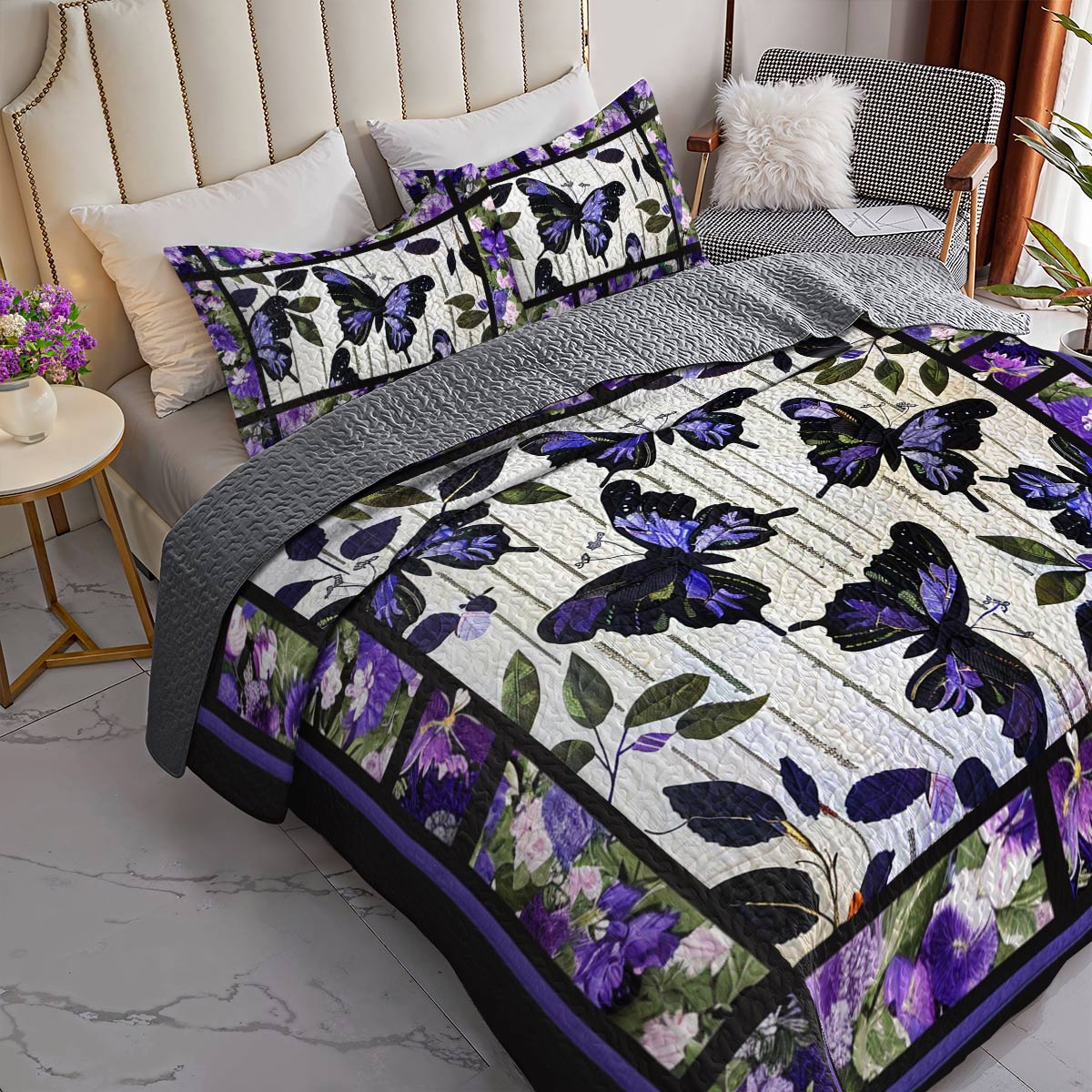 Shineful All Season Quilt 3-Piece Set Delicate Purple Butterfly Flowers