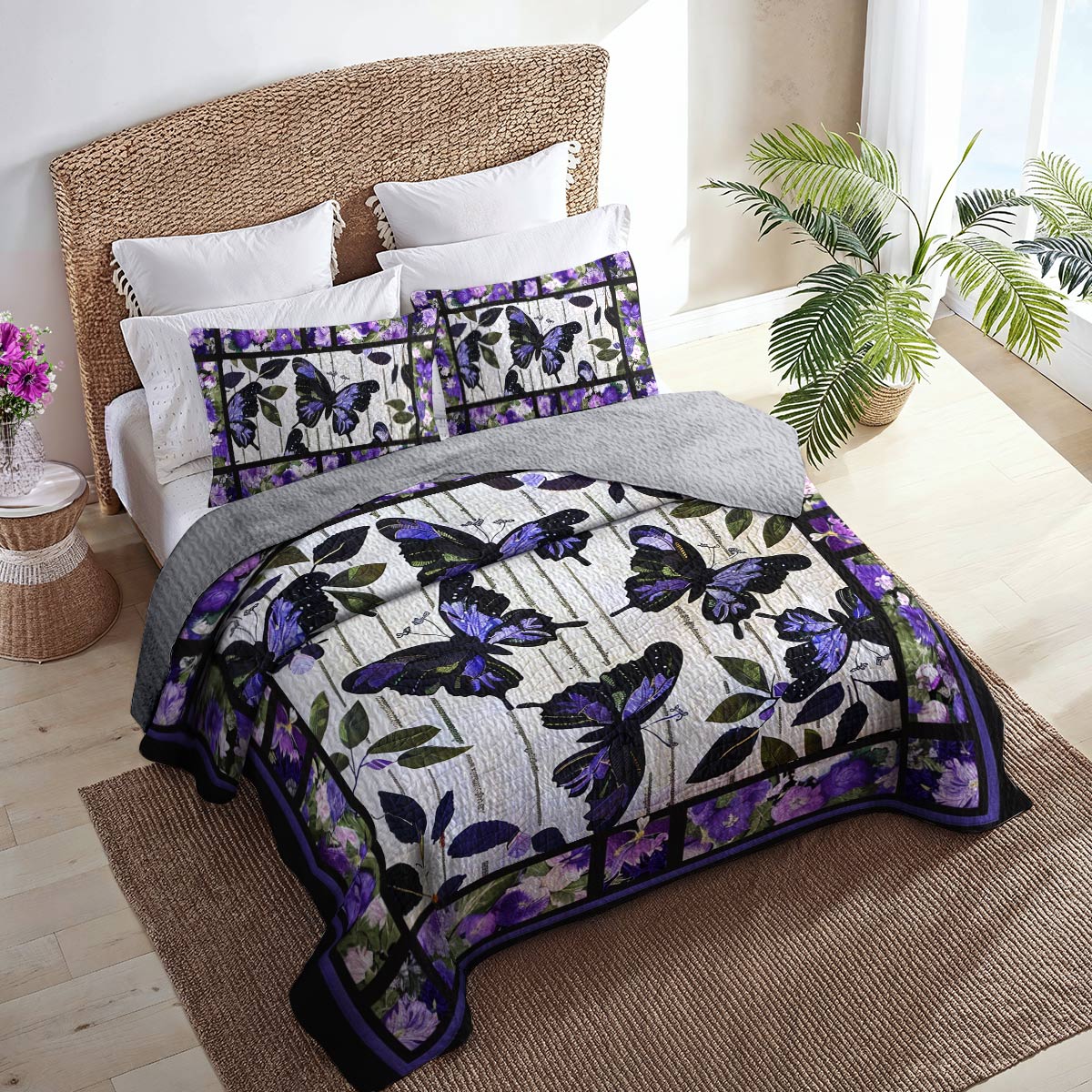 Shineful All Season Quilt 3-Piece Set Delicate Purple Butterfly Flowers