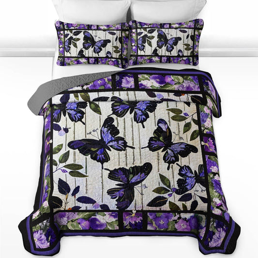 Shineful All Season Quilt 3-Piece Set Delicate Purple Butterfly Flowers