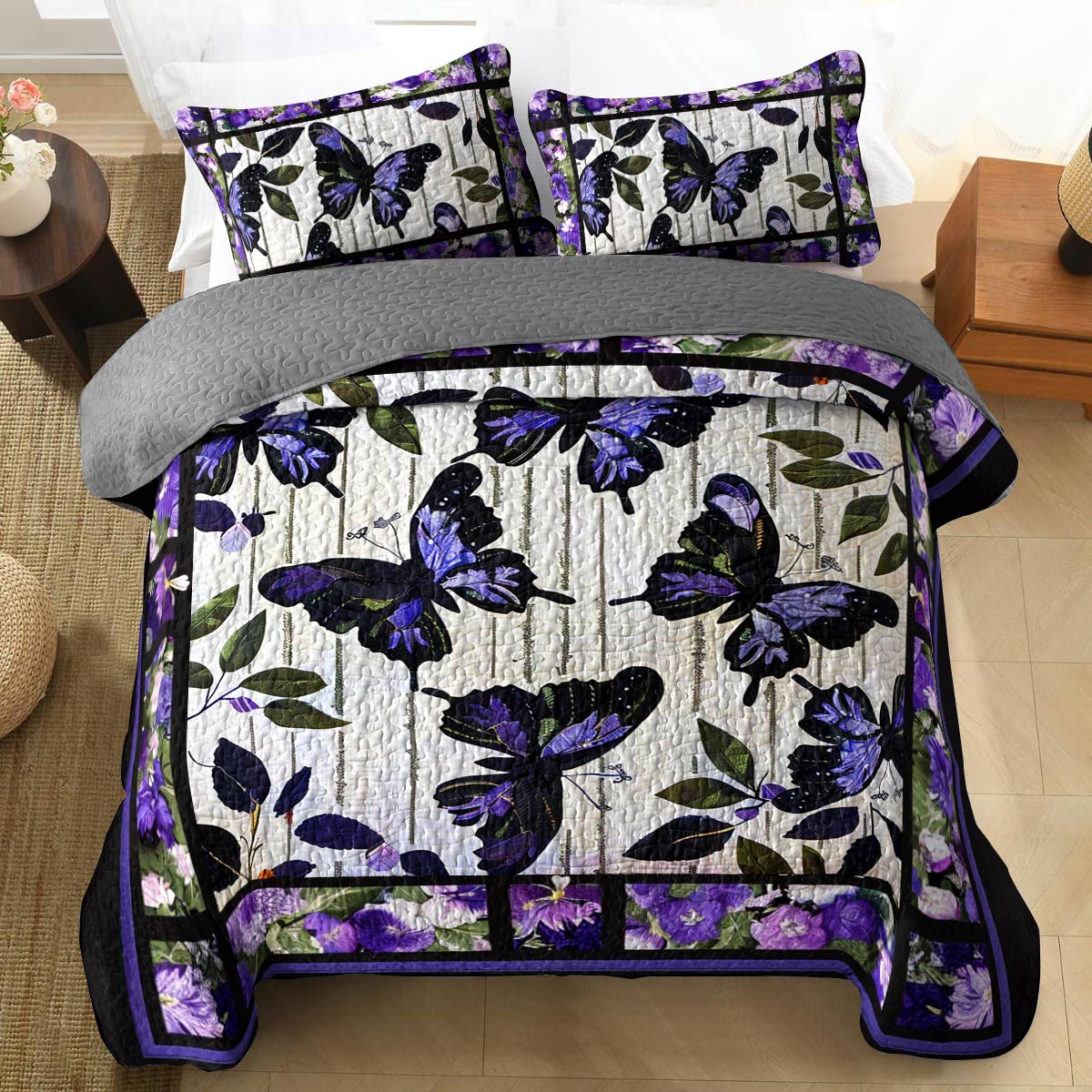 Shineful All Season Quilt 3-Piece Set Delicate Purple Butterfly Flowers