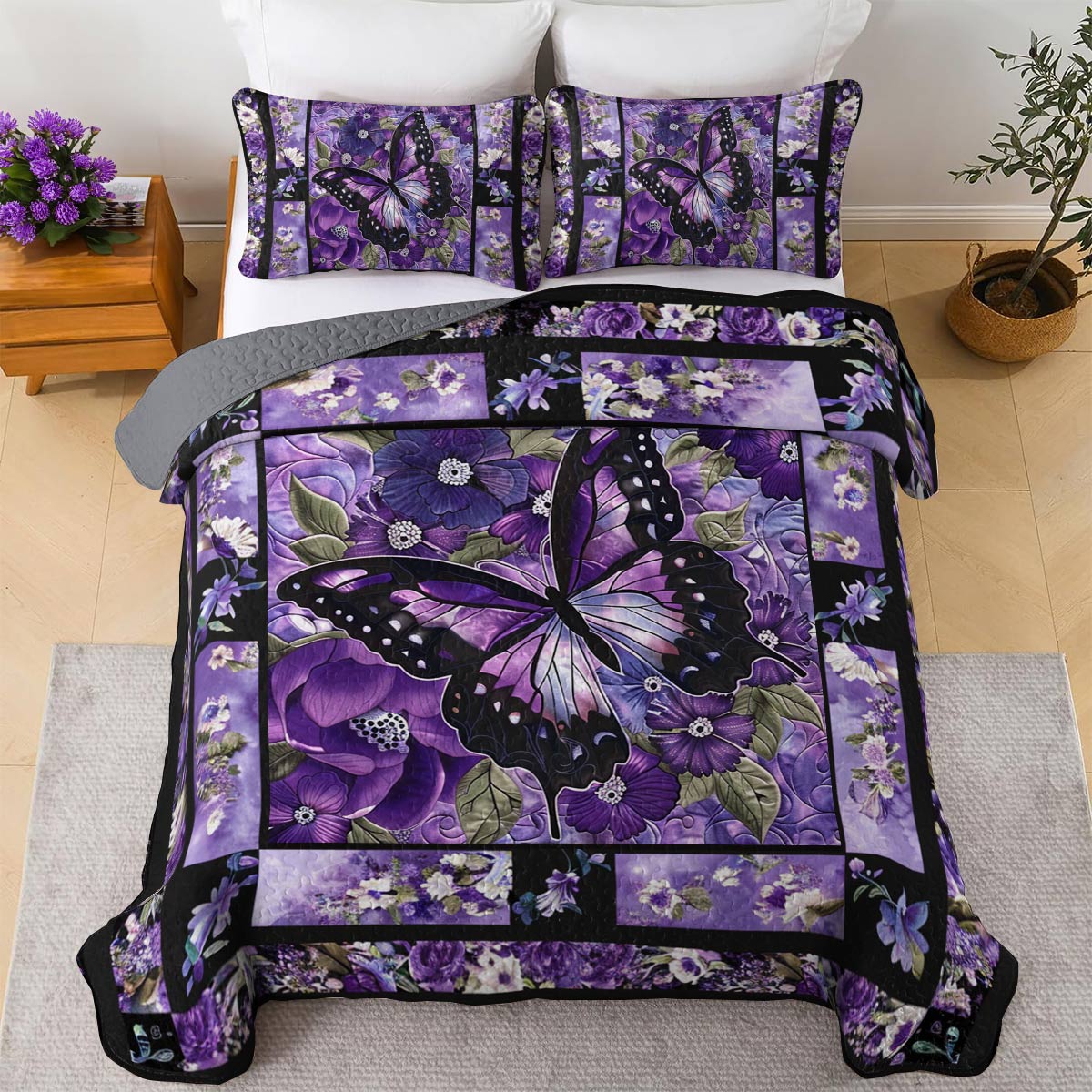 Shineful All Season Quilt 3-Piece Set Gorgeous Purple Butterfly Flowers