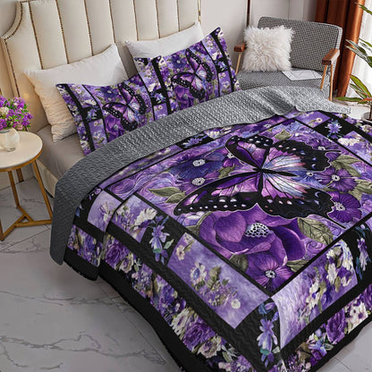 Shineful All Season Quilt 3-Piece Set Gorgeous Purple Butterfly Flowers